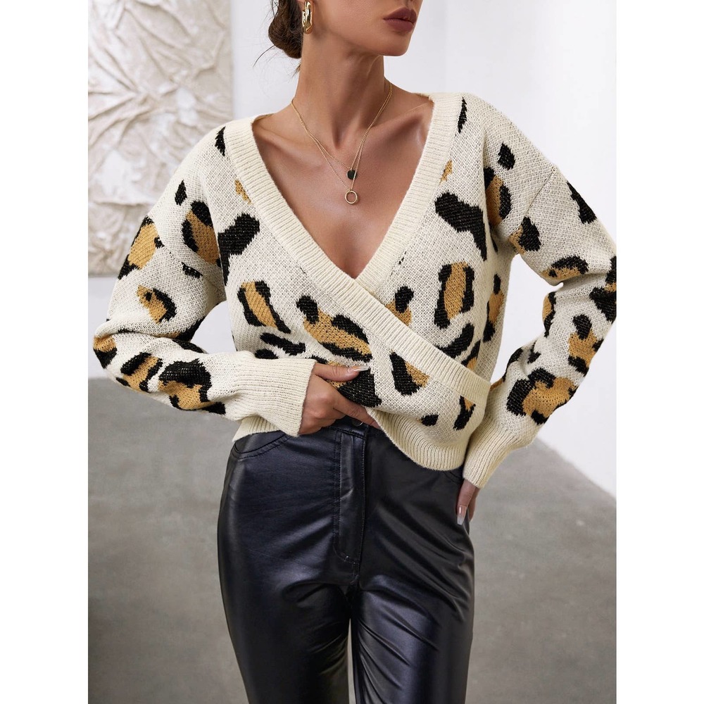 Faux wrap Leopard print v neck Overlap knit Sweater - Picture 3 of 5